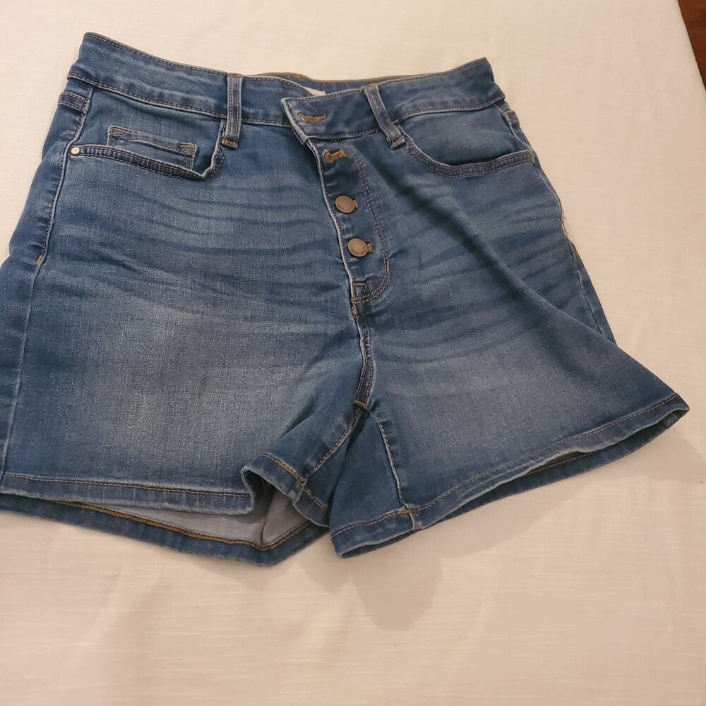 Nine West Womens Blue Denim Jean Shorts Size 10 High Rise Button Fly Cut Off